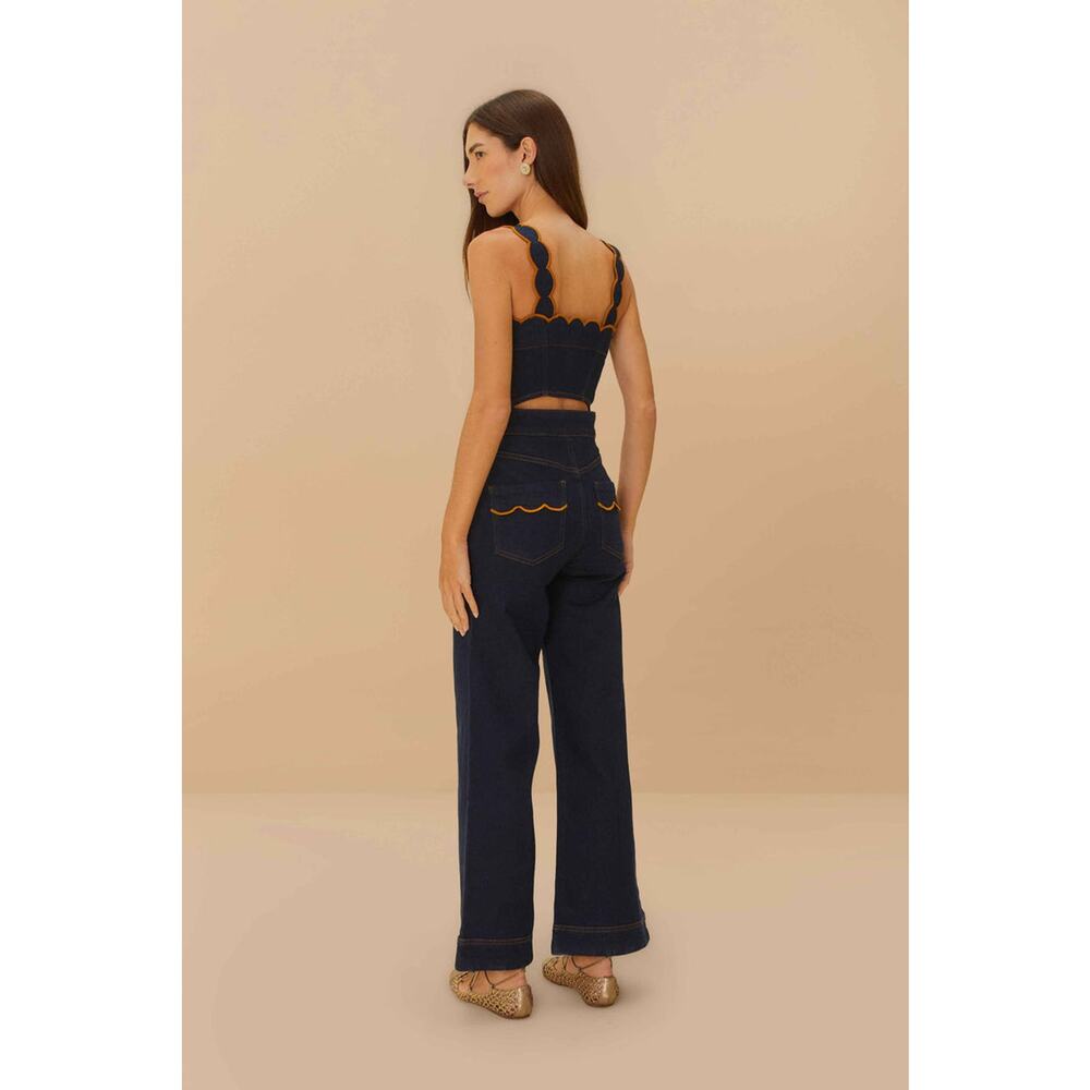 NWT FARM Rio Denim Cloud Scalloped Cutout Flare Jumpsuit Blue Dark Blue Womens L - Picture 4 of 10
